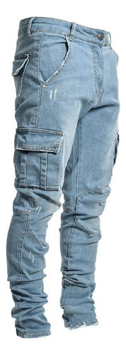 Pantalones Jeans Hombre Moda Cargo Clásico Gran Bolsillo