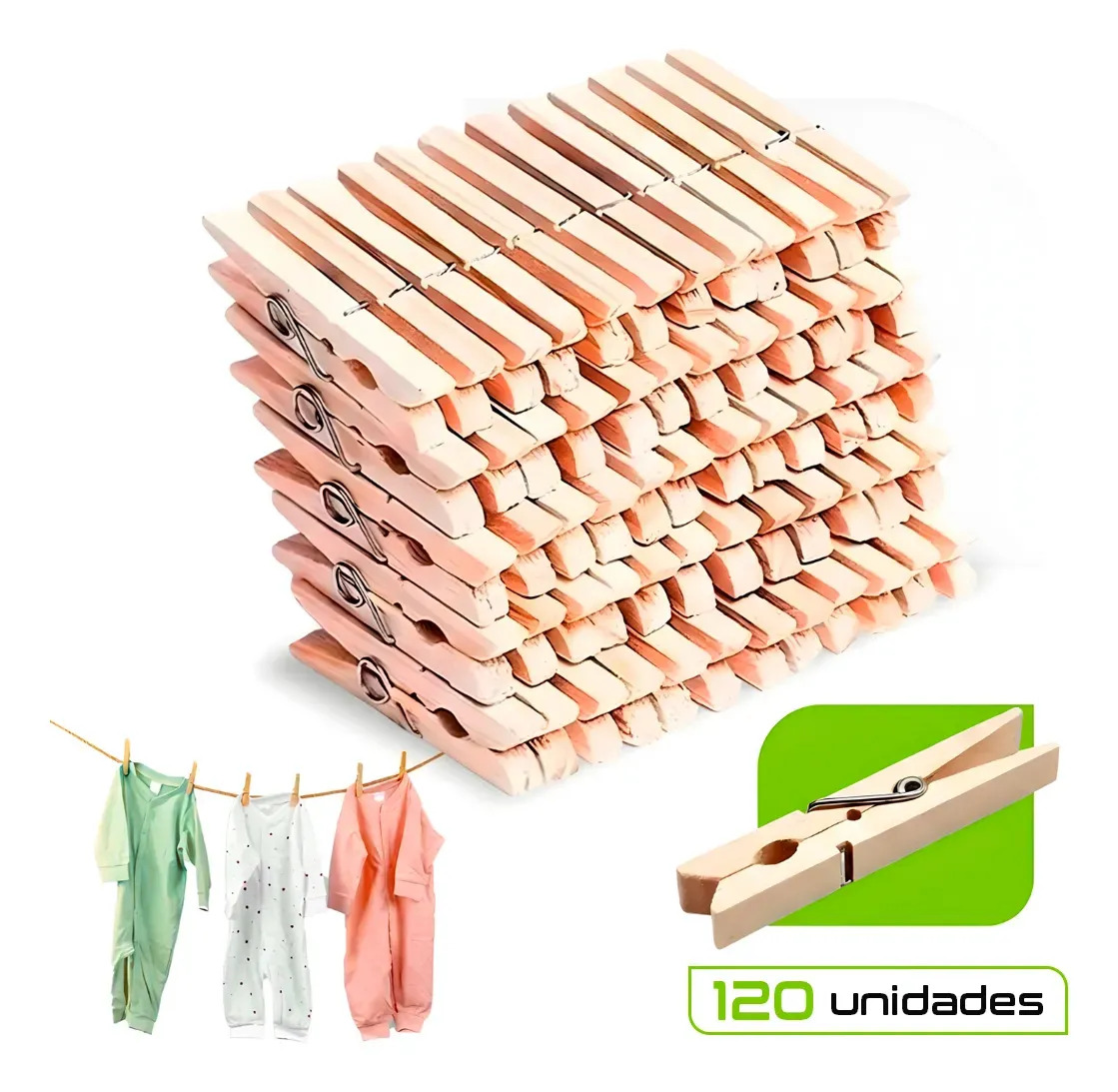 Kit 120 Prendedor de Roupas Pregador Madeira Reforçado Tradicional para Varal e Artesanato - Mtones