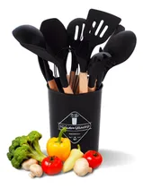 Comprar Kit 12 Utensílios De Cozinha Talheres Silicone Cabo Madeira