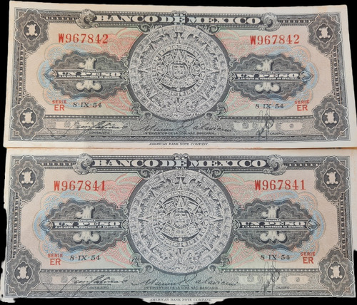 2 Billetes Consecutivos De 1 Peso De 1954, Consecutivos 