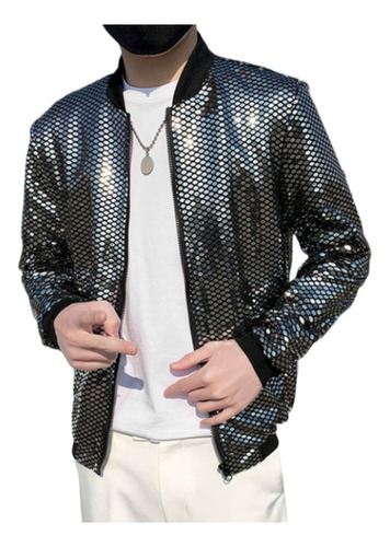 Chaqueta Bomber Lentejuelas Brillantes Hombre Abrigo Hip Hop