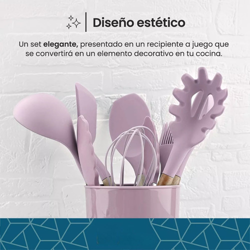 Set Utensilios De Cocina Punta Silicona Mango Madera Kit X12 Negro