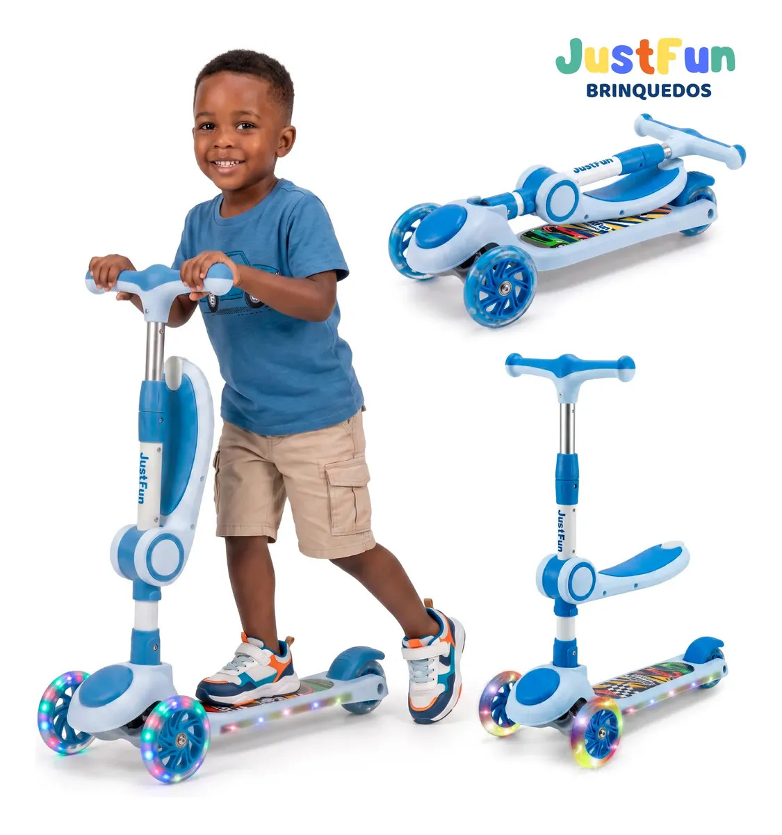 Patinete Infantil 3 Rodas Assento Ajustável Led Musical 2em1 JustFun Brinquedos Cor Azul