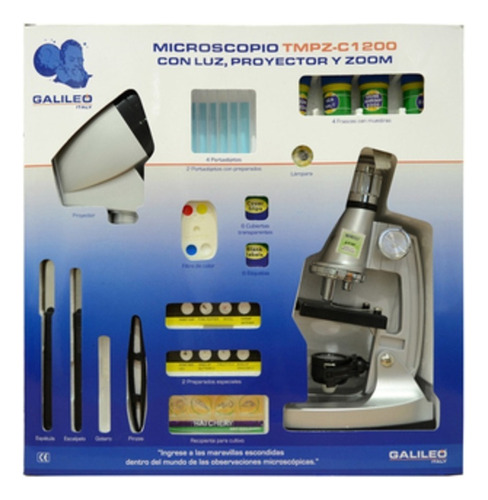 Microscopio Galileo Tmpz-c1200 1200x Aumentos Con Proyector Luz + Muestras Accesorios Completo Color Plateado