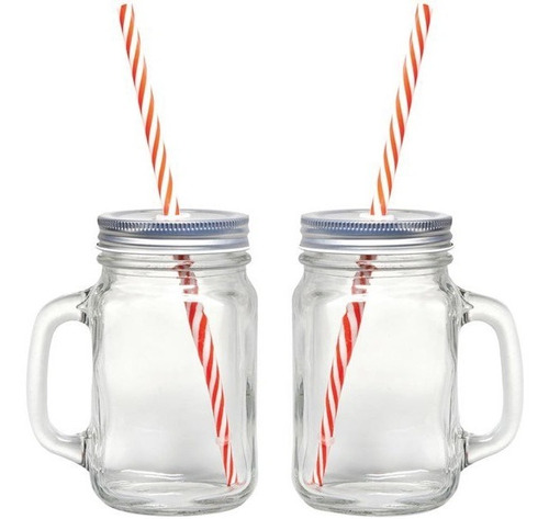 12 Tarros Mason Jar Con Tapa Y Popote 470 Ml Mayoreo Liso