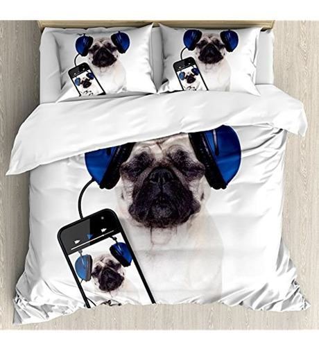 Juego De Funda Nórdica Pug Por Ambesonne, Perro Escuchando M