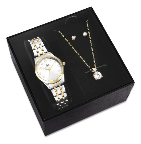 Kit Relógio Colar e Brincos Ponto De Luz Dourado e Prateado Feminino Luxo Saint Germain 28mm