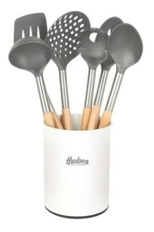 Set 6 Utensilios Nylon Con Mango Madera Hudson Blanco Base