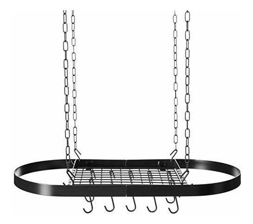 Colgante Oval Pot Rack Con Cuadrícula Y 12 Hooks, Negro Mate