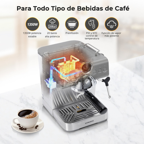 Sangkee Máquina de espresso con Cold Brew, Cafetera Espresso Profesional con Varilla de Vapor para Espumar Leche para Lattes y Capuchinos, Máquina de Café Espresso con Pantalla LED (Acero Inoxidable)