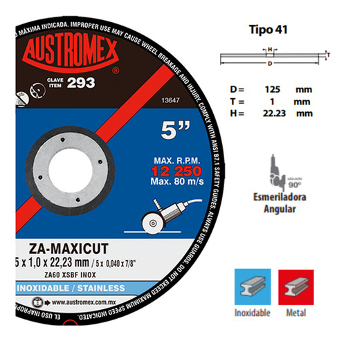 Disco Corte Austromex 293 Para Acero Inoxidable 5'' Maxicut