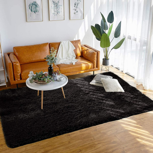 Y Alfombra De Salón Peluda Súper Suave De 160cm*120cm Negro
