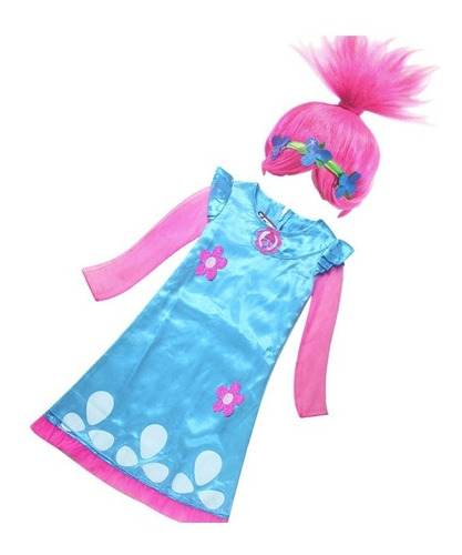 Imagem 2 de 7 de Fantasia De Festa Infantil Trolls Poppy Vestido Com Peruca