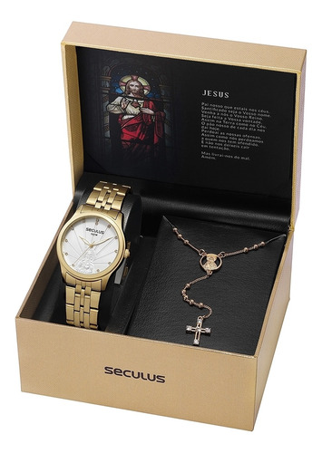 Relógio Seculus Feminino Kit Com Terço Semijoia 35006lpskda1