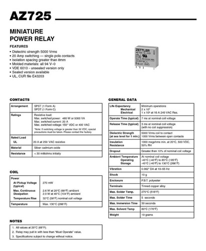 Rele 12v 16amp Zettler Az725 ( Pack X5 )