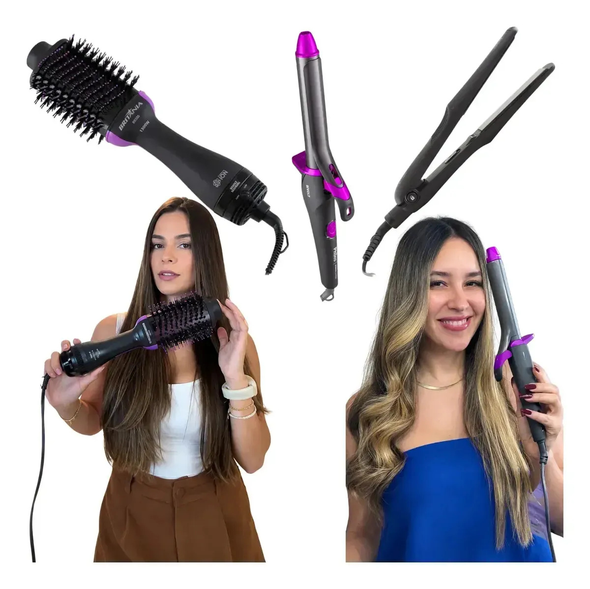 Kit Prancha de Cabelo + Escova Secadora Modeladora + Babyliss ( Britânia + Philco ) Para o Melhor Cuidado Capilar e Estilo