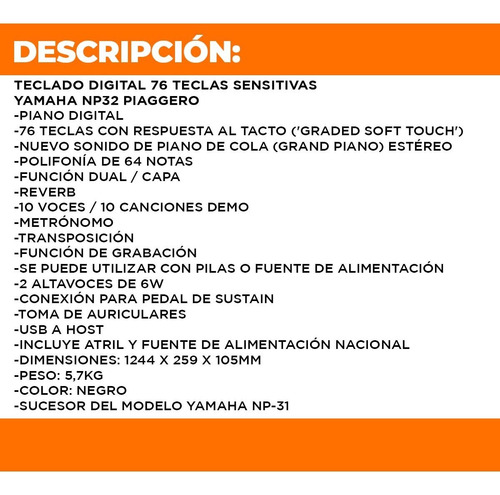Imagen 2 de 10 de Piano Digital Yamaha Teclado Np32 Paiggero 76 Teclas