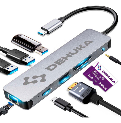 Adaptador Hub USB-C HDMI 4K de 9 Puertos USB 3.0 y RJ45 con Full HD Dehuka