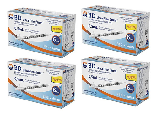 Jeringa De Insulina Bd Ultra-fine 50 Ui 6mm - 4 Cajas X 30u Capacidad en volumen 0.5 mL