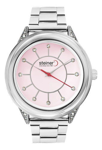 Reloj Para Mujer Análogo Steiner Anillo De Cristales 37 Mm Correa Plateado Bisel Plateado Fondo Rosa