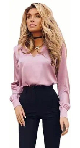 Increíble Blusa Cuello V Satén Moda Casual Elegante Diseños