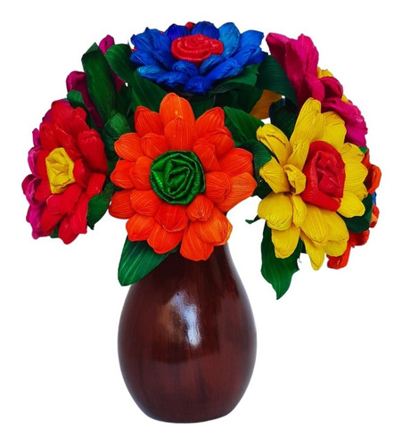 Flores Artesanales  De Hoja De Maíz 12pz + Florero Artesanal