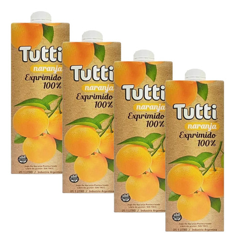 Jugo Tutti Naranja 100% Exprimido Libre De Gluten 1l Pack X4