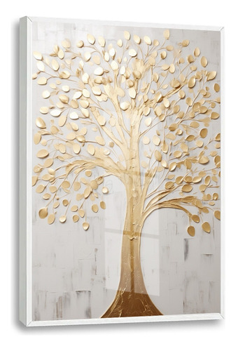 Quadro Decorativo Arvore Folhas Dourada Gold C Moldura Vidro