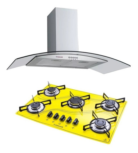 Coifa 90 Cm Curva+cooktop 5 Bocas Amarelo Frete Grátis