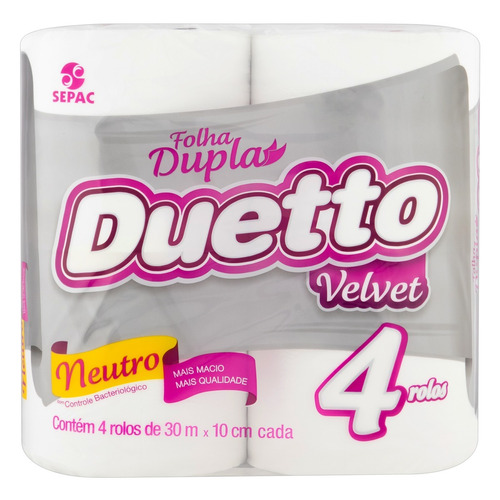 Papel higiênico Duetto Velvet folha dupla 30 m de 4 un