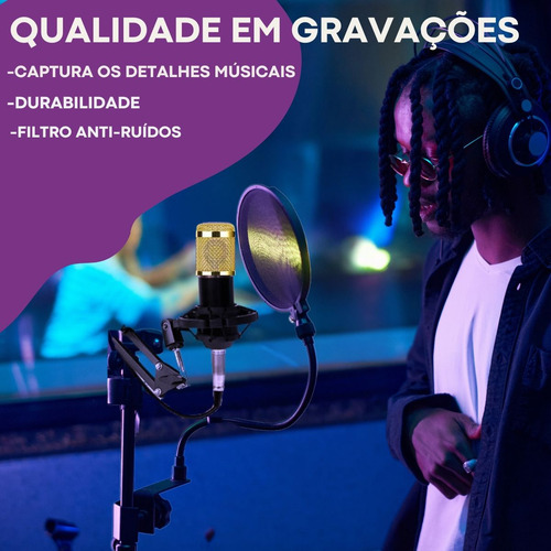Kit Microfone Condensador Dourado Interface De Mesa Com Fio