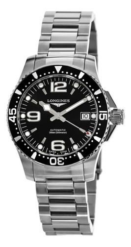 Relógio Longines L3.741.4.56.6 Hydroconquest Automático 39mm Correia Prateado Bisel Preto Fundo Preto