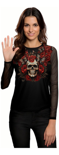 Blusa Negra Gótica Manga Larga Transparente Calavera Y Rosa