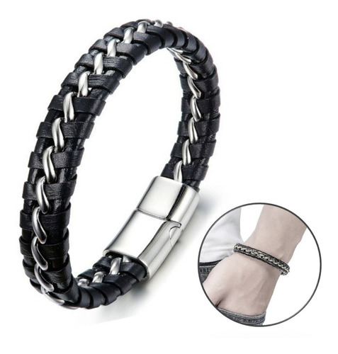 Pulseira Masculina Luxo Couro Trançado Fecho Imã C/ Garantia