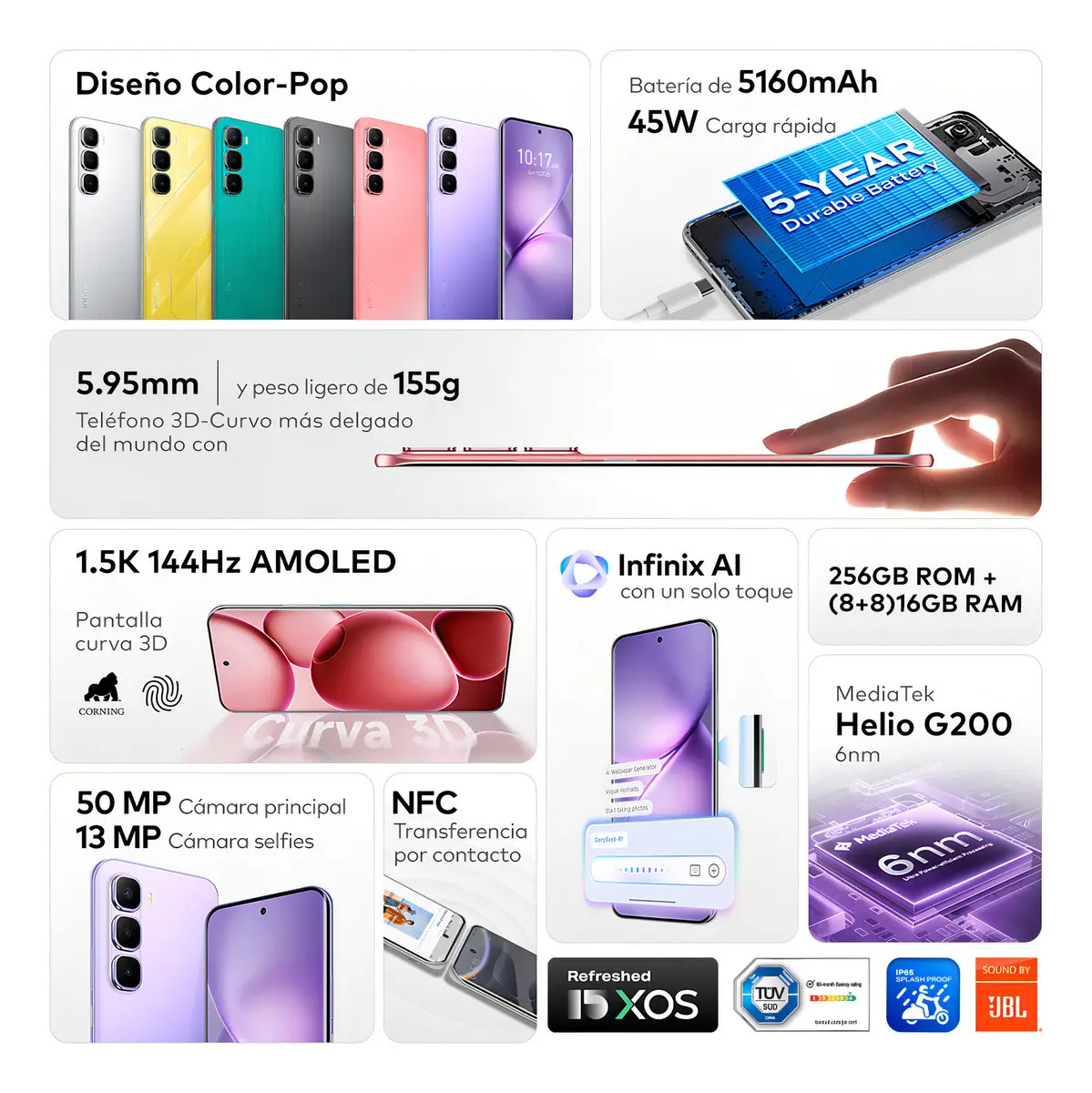 Celular Infinix Hot 60 Pro+ AI Phone Coral, Dual Sim, 16GB RAM, 256GB ROM, pantalla curva 3D AMOLED 1,5k 144Hz, batería 5160 mAh, carga rápida 45 W, cámara Sony 50 MP, diseño moderno, NFC,MTK G200 6nm
