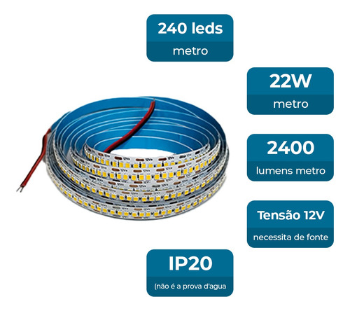 Fita Led 2835 240 Leds 5m Ip20 Branco. Luz Branco Neutro 4000k Tensão De Operação 12v