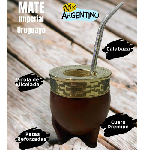 Mate Imperial Cuero Virola Alpaca Labrada Bombilla De Regalo