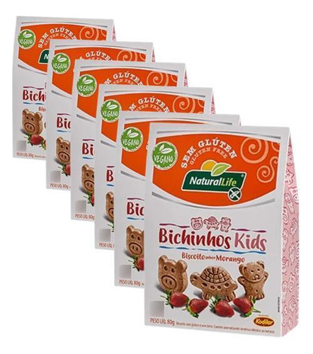 Kit Com 6 Bichinhos Natural Life Vegano Morango 80g