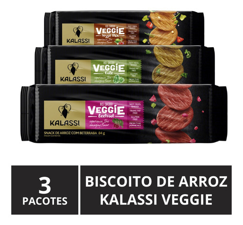 Biscoito De Arroz, Kalassi Veggie, 3 Pacotes De 84g