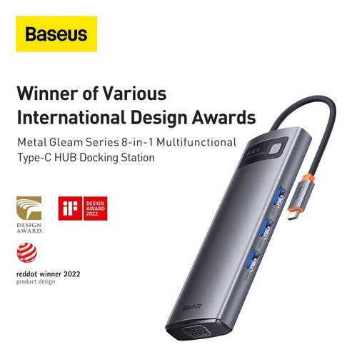 Hub Baseus Tipo-C 8n1 3x USB 3.0 Hdmi 4k30 Hz Sd Tf Vga PD100W