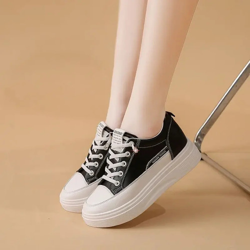 Zapatillas De Piel Con Plataforma Para Mujer, Zapatos Casuales Con Cordones