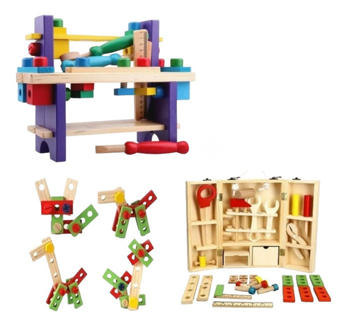 Set Juego Didáctico Caja De Herramientas + Banquito Madera