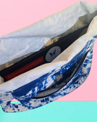 Bolso De Tela Gabardina Azul / Blanco Con Bolsillo 42x38cm Azul Acero Bolsa Con Bolsillo