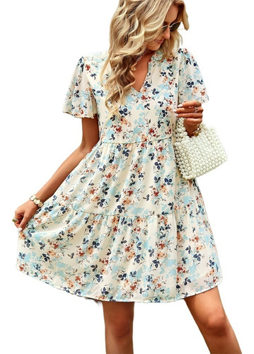 Vestido Corto De Verano Floral Para Mujer, Con Cuello En V