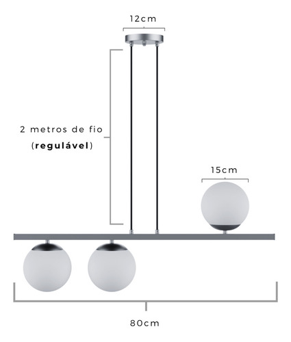 Lustre Pendente Luminária Alumínio Globos 80cm Jabuticaba Estrutura Preto 127/220V