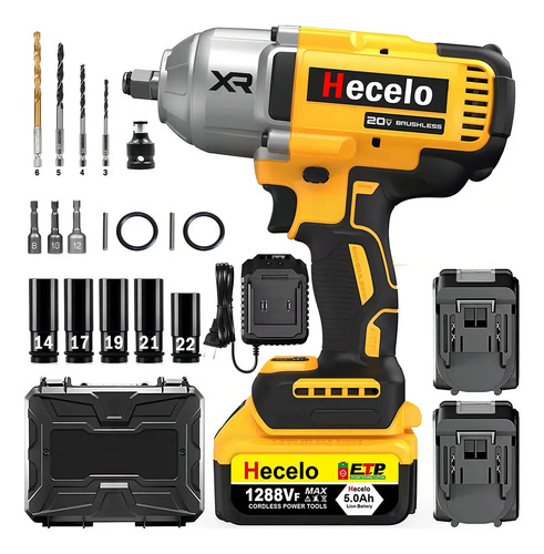 Hecelo Llave De Impacto Alto Torque 2 Batteries 1/2 Great Capacity | ¡incluye Kit De Enchufes De Regalo Y Maletín Plástico