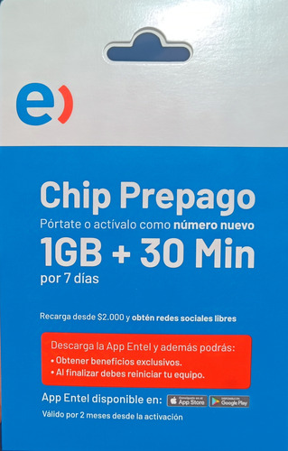 Chip Prepago Entel 30 Min, 1gb 5g/lte 100 Unidades
