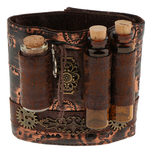 Steampunk Cuff Faux Leather Con Gears Vials Marrón Pulsera