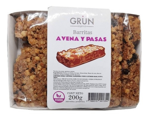 Barra De Cereal  Avena Y Pasas Vegana 200 Grs Grun Pack X 4u