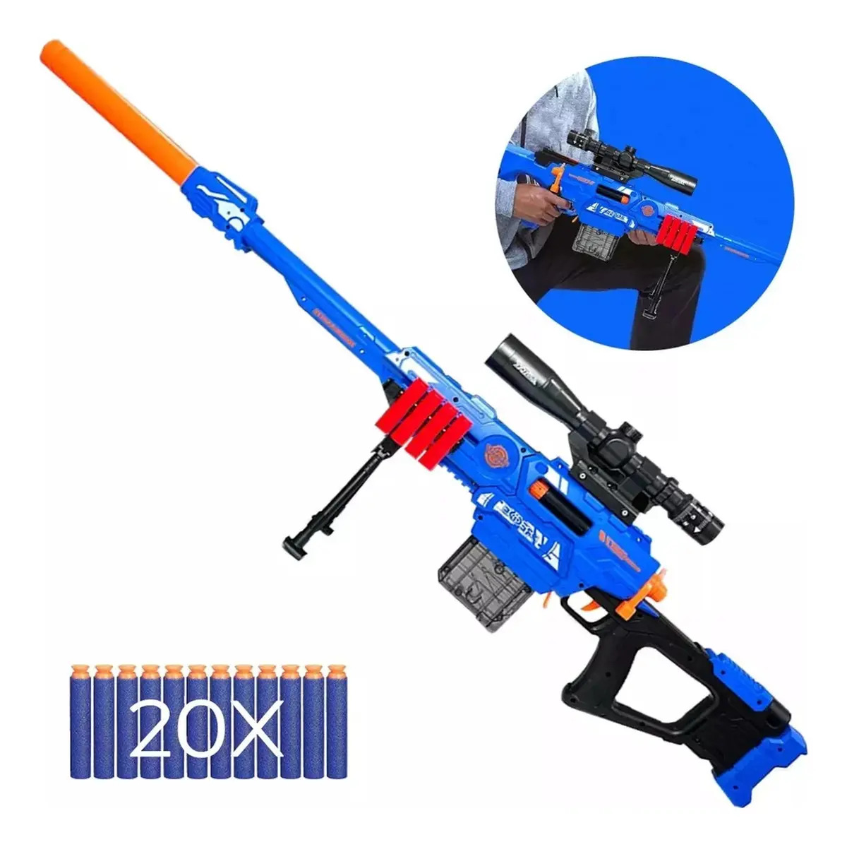 Sniper Brinquedo Atira Dardos C/ Luneta 20 Balas Estilo Nerf Cor Azul Menino